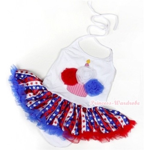 White Baby Halter Jumpsuit Red White Royal Blue Striped Stars Pettiskirt With Red White Royal Blue Rosettes Birthday Cake Print JS1029 